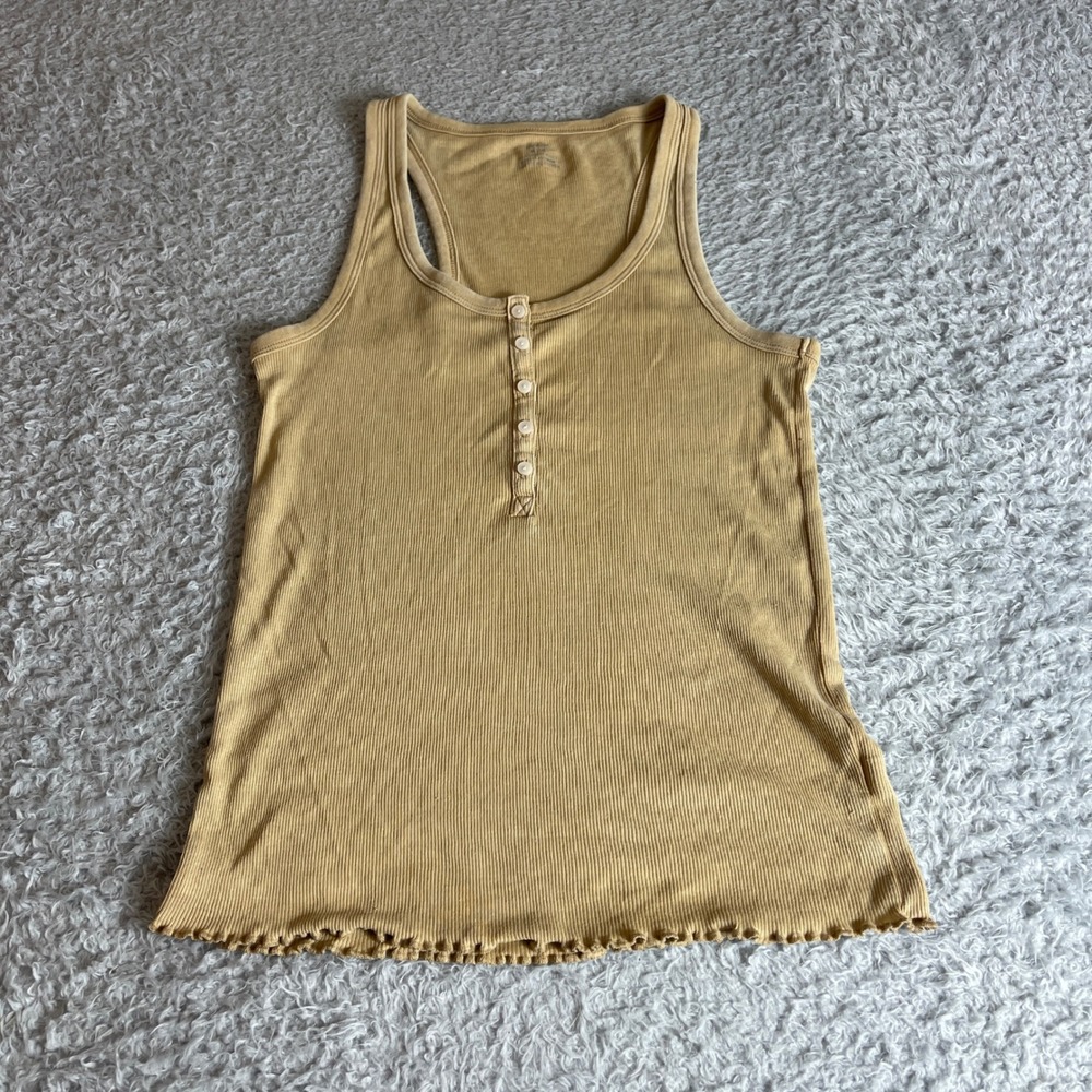 Aerie Mustard Yellow Ribbed Henley Tank Top Lettuce Edge Racerback Medium